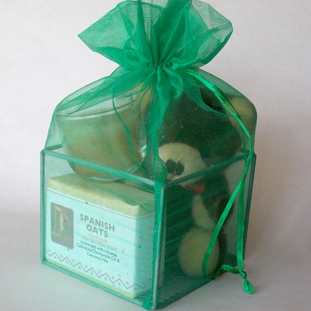 Green Organza Spa Cube Gift Set With Shea Butter Natural Soap For Birthday Or Christmas Gift